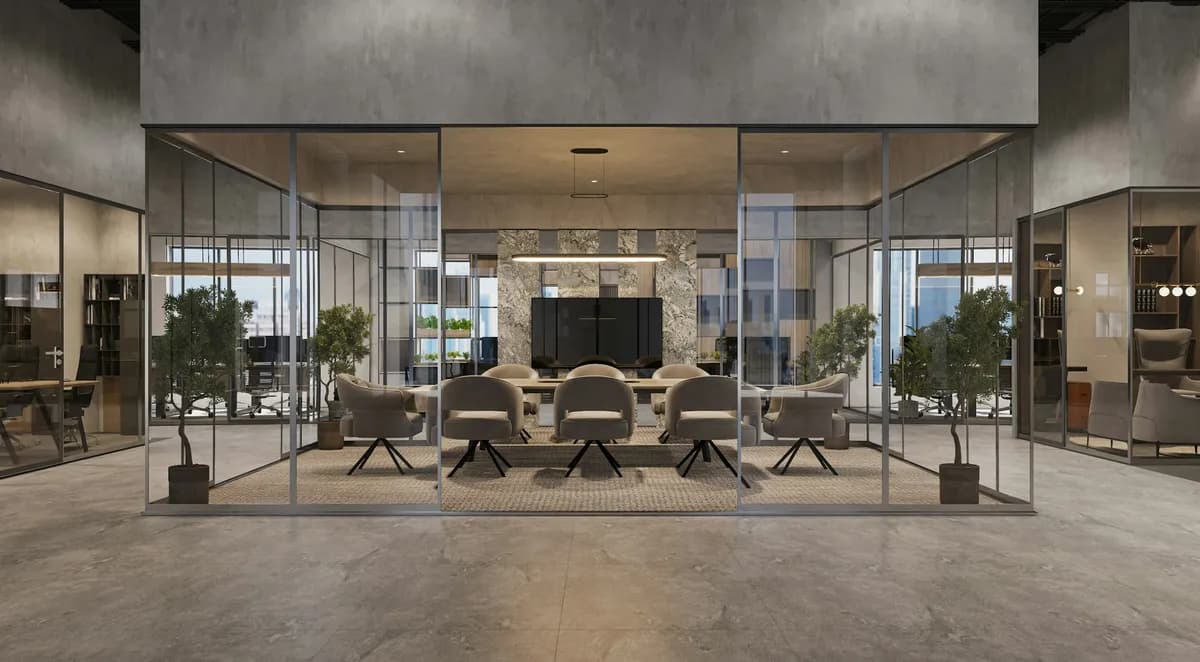 Sala de reuniones moderna de vidrio representando infraestructura tecnológica